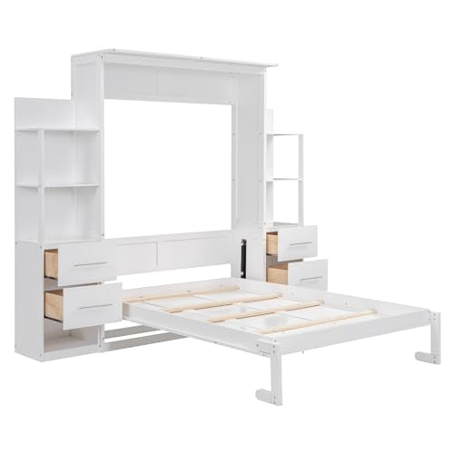 White Full Size Wood Murphy Bed with Shelves and LED Lights U1324