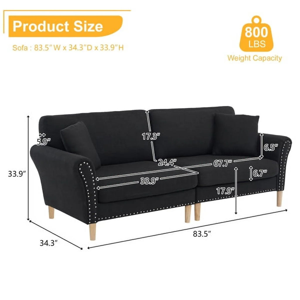 Black Upholstered 2-Seat Sofa with 2 Pillows F879