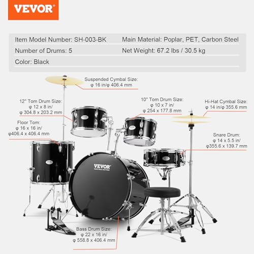 Black 5-Piece Drum Set with Bass, Toms, Snare, Floor, Stands, Cymbal, Hi-Hat Pedal and Drumsticks S1772