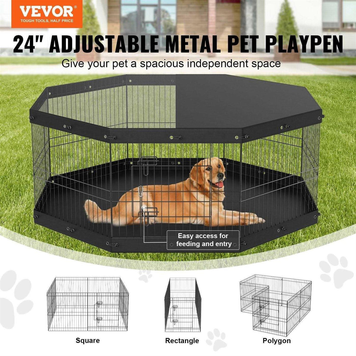Foldable Metal Dog Playpen with Top Cover and Bottom Pad J780