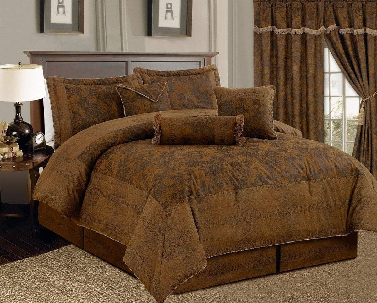 Dark Camel Brown 7 Piece Micro Suede King Size Comforter Set H543
