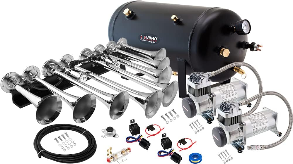 Train Horn Kit with Dual 200psi Air Compressor, 5 Gallon Tank, 8 Trumpets K2104