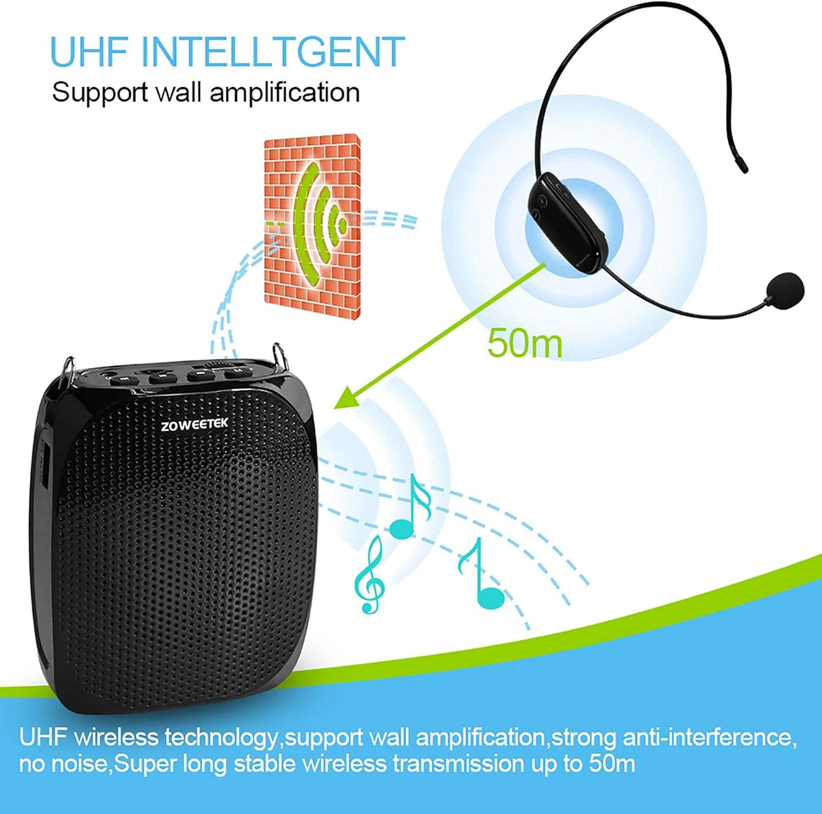 10W Portable Rechargeable Voice Amplifier with UHF Wireless Microphone Headset J920793