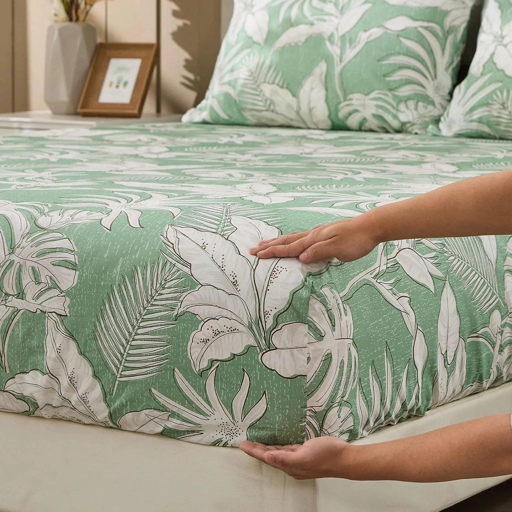 Green Floral Cotton Sheet Set Queen Size 4PC V123401