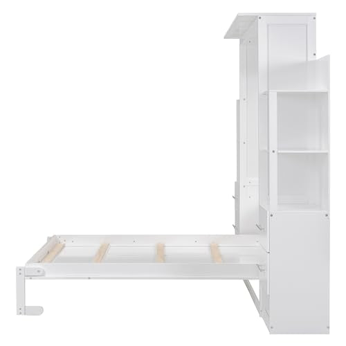 White Full Size Wood Murphy Bed with Shelves and LED Lights U1324