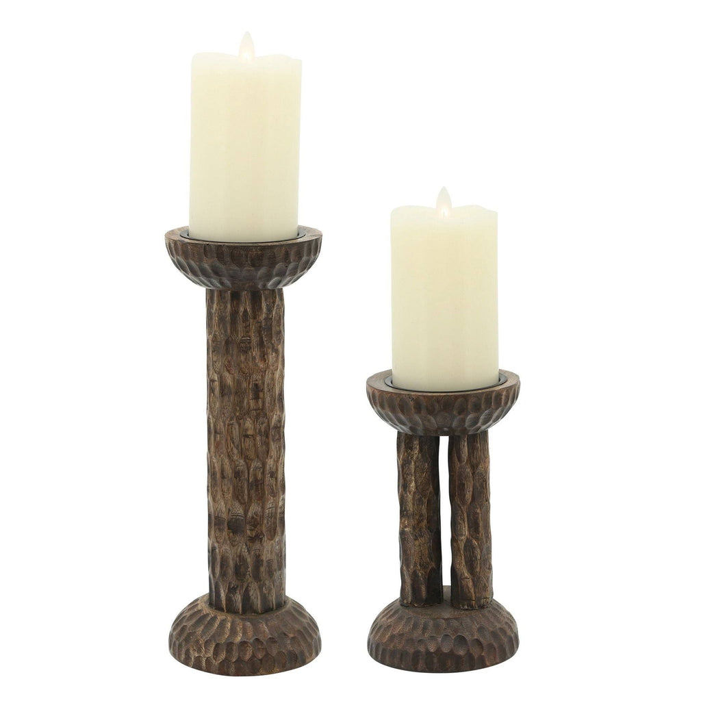 Brown Hammered Mango Wood Pillar Candle Holder M468175