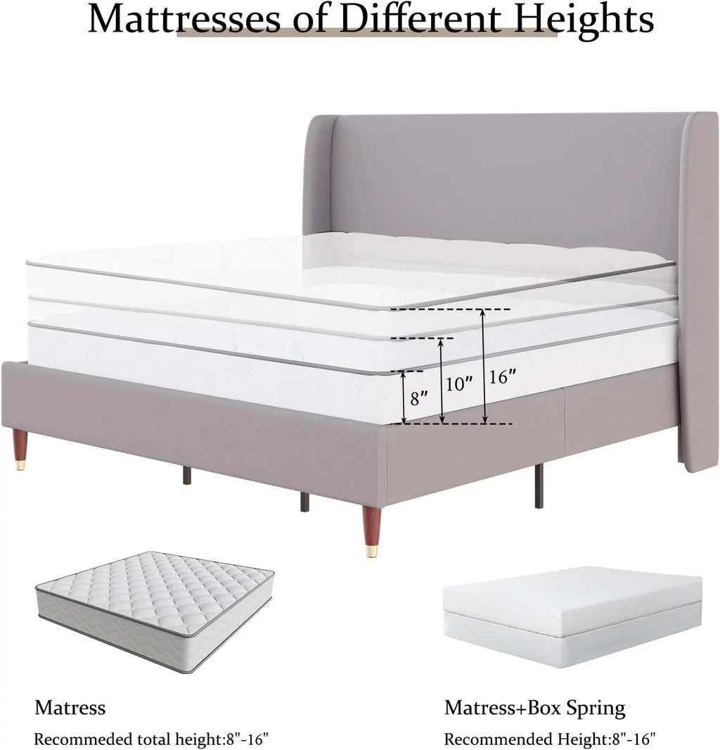 King Size White Linen Upholstered Platform Bed with Wingback Headboard M400836
