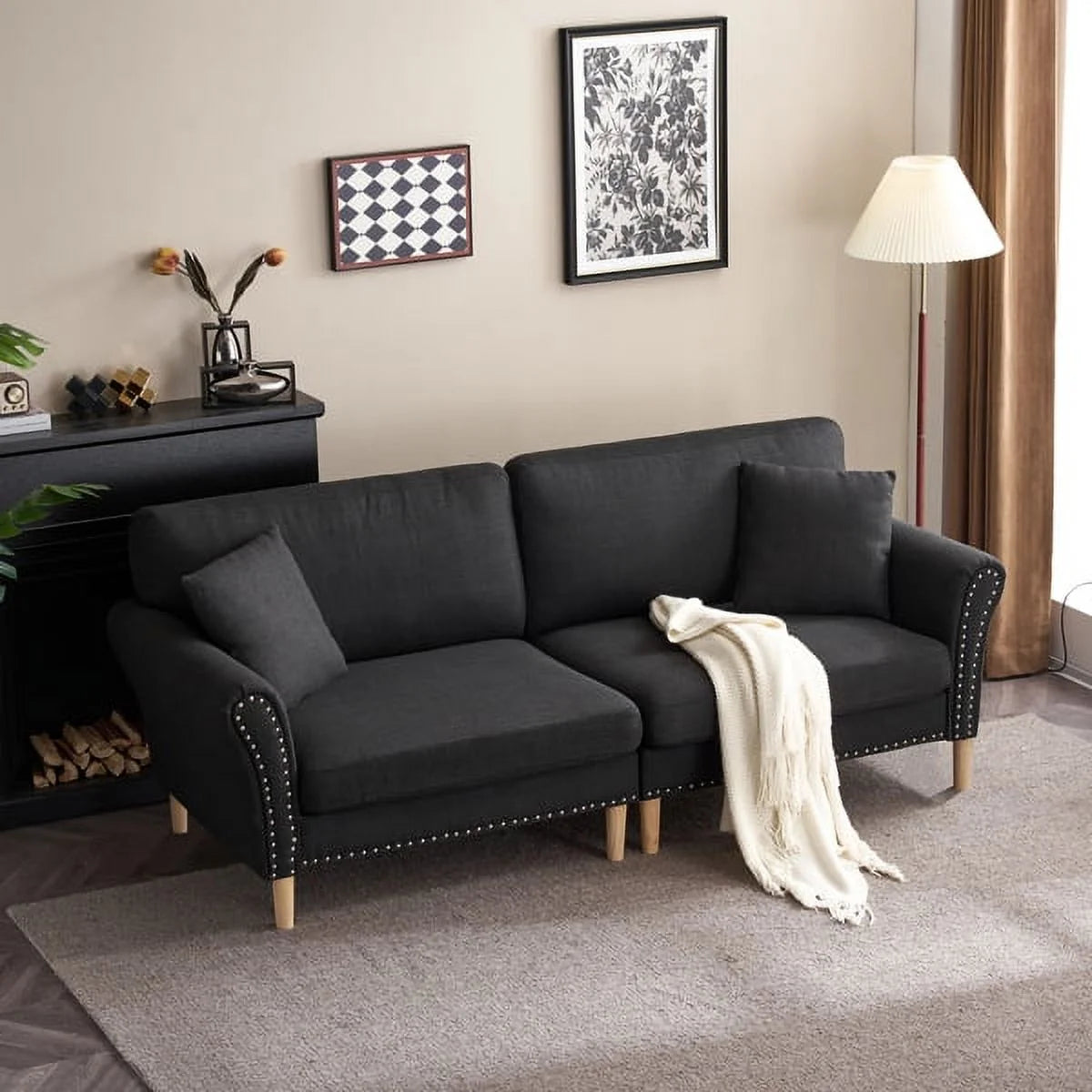 Black Upholstered 2-Seat Sofa with 2 Pillows F879