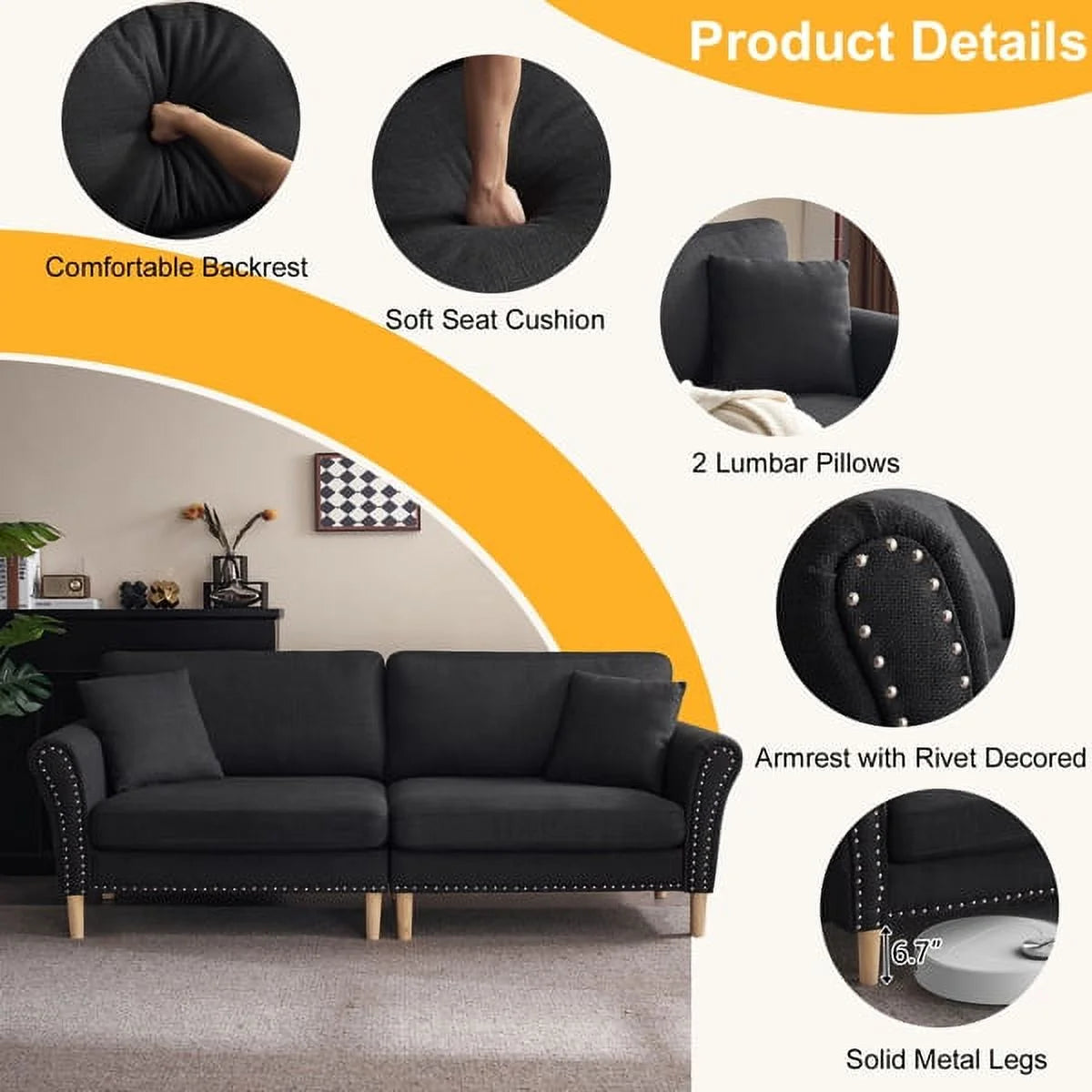 Black Upholstered 2-Seat Sofa with 2 Pillows F879