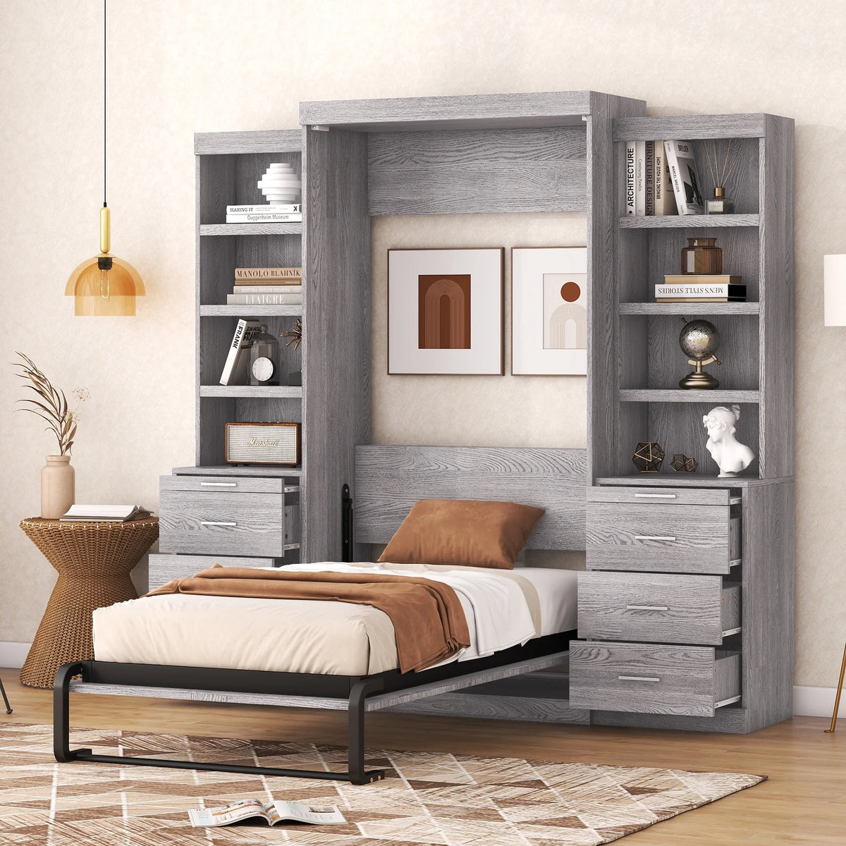 Twin Size Murphy Bed with Wardrobe and Drawers V678677