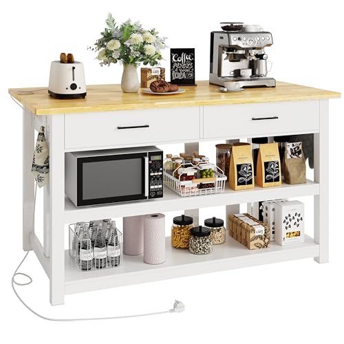 Solid Rubberwood Kitchen Island with Power Outlets, 2 Drawers & Open Shelves (Grey) F56362