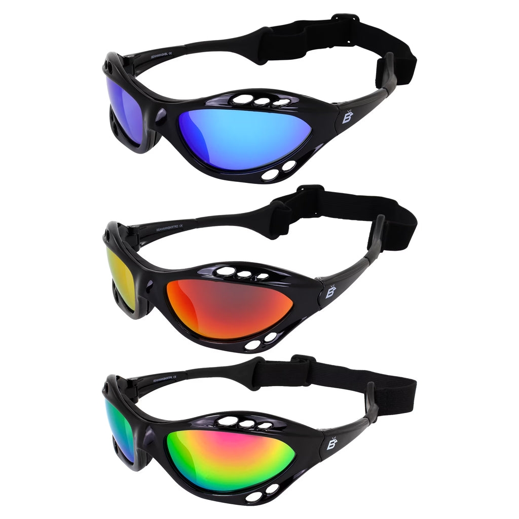 3 Pairs Padded Polarized Sunglasses with Strap Black Frame Blue Red Pink Mirror Lenses O56070