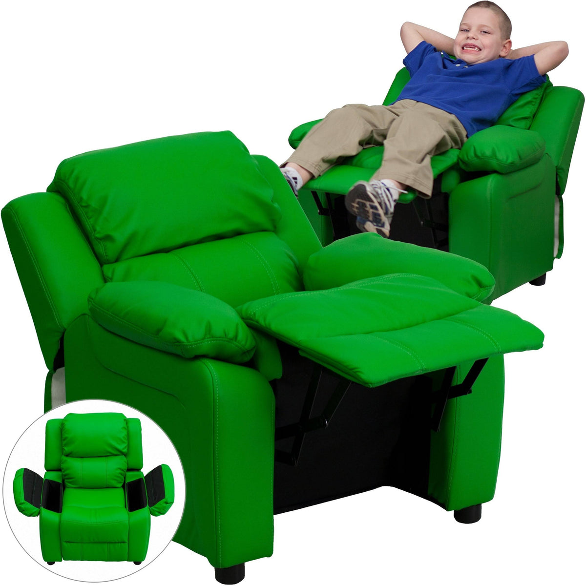Green Vinyl Kids Recliner with Storage Arms M249732
