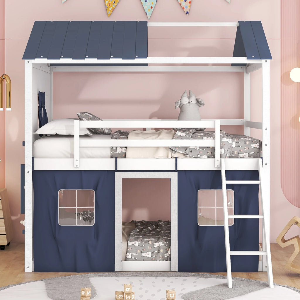 Full Size Bunk Wood House Bed with Tent O4611
