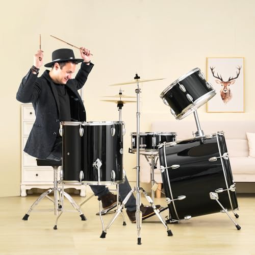 Black 5-Piece Drum Set with Bass, Toms, Snare, Floor, Stands, Cymbal, Hi-Hat Pedal and Drumsticks S1772