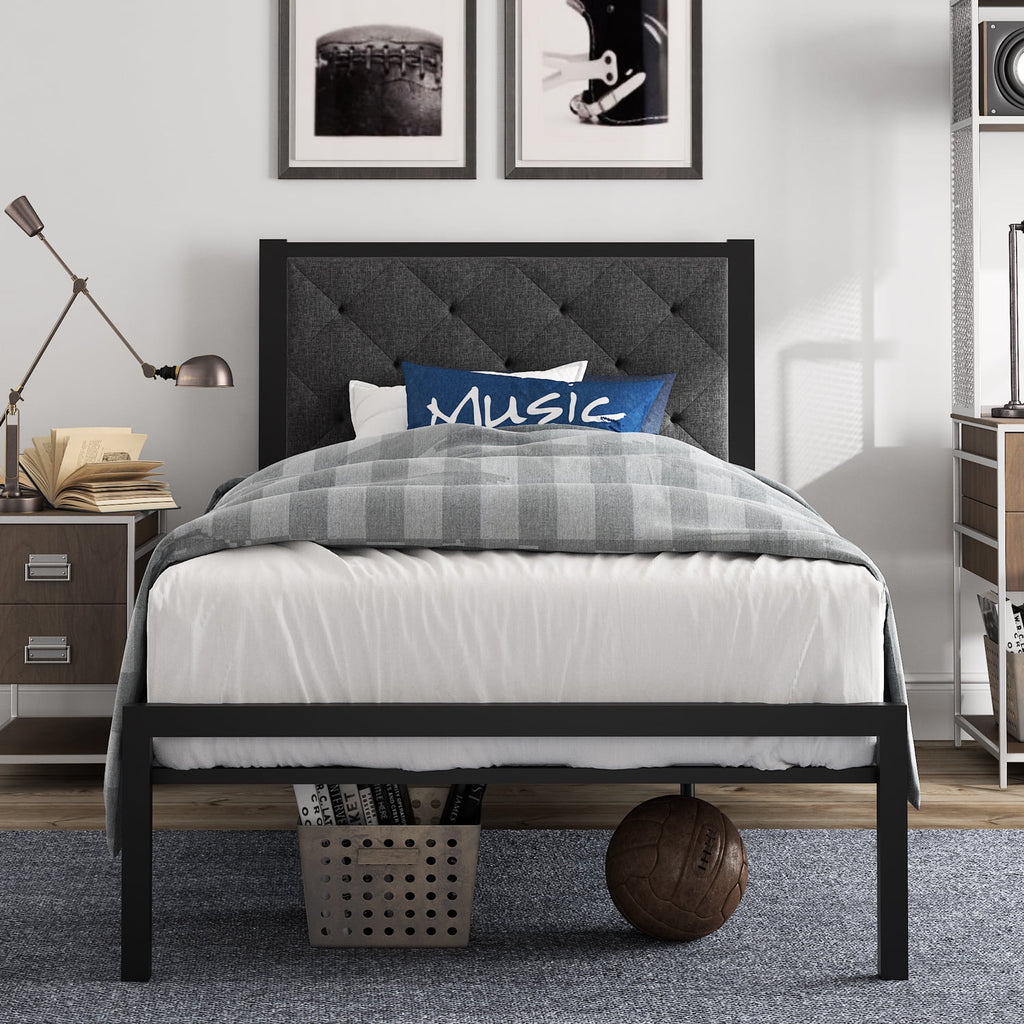 Twin Size Metal Bed Frame with Upholstered Headboard D130