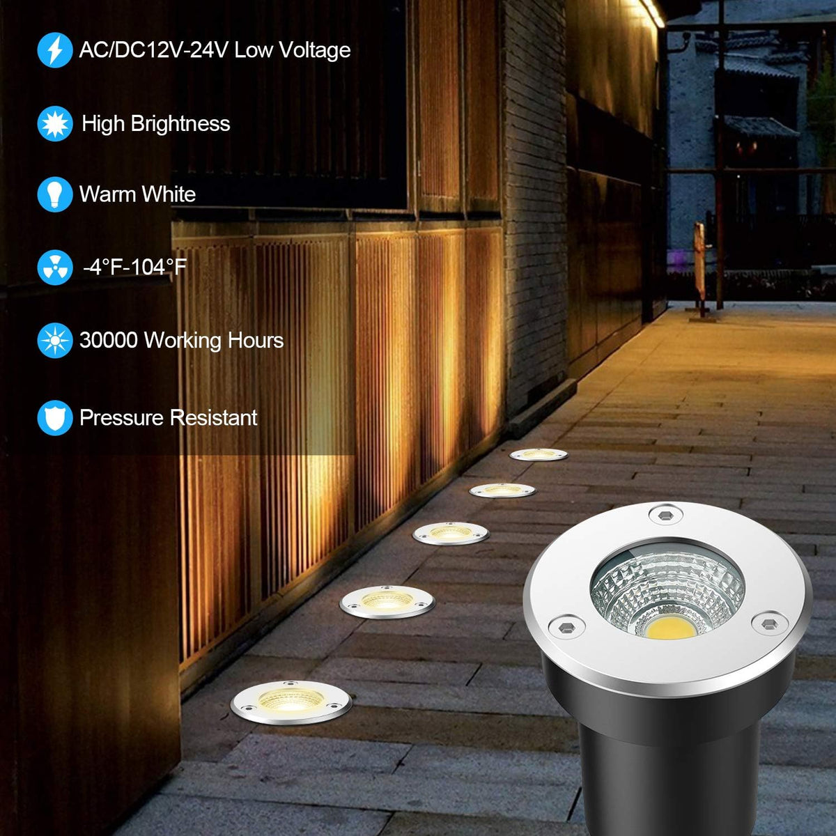 12 Pack 7W Warm White LED Ground Lights with 24 Connectors M431