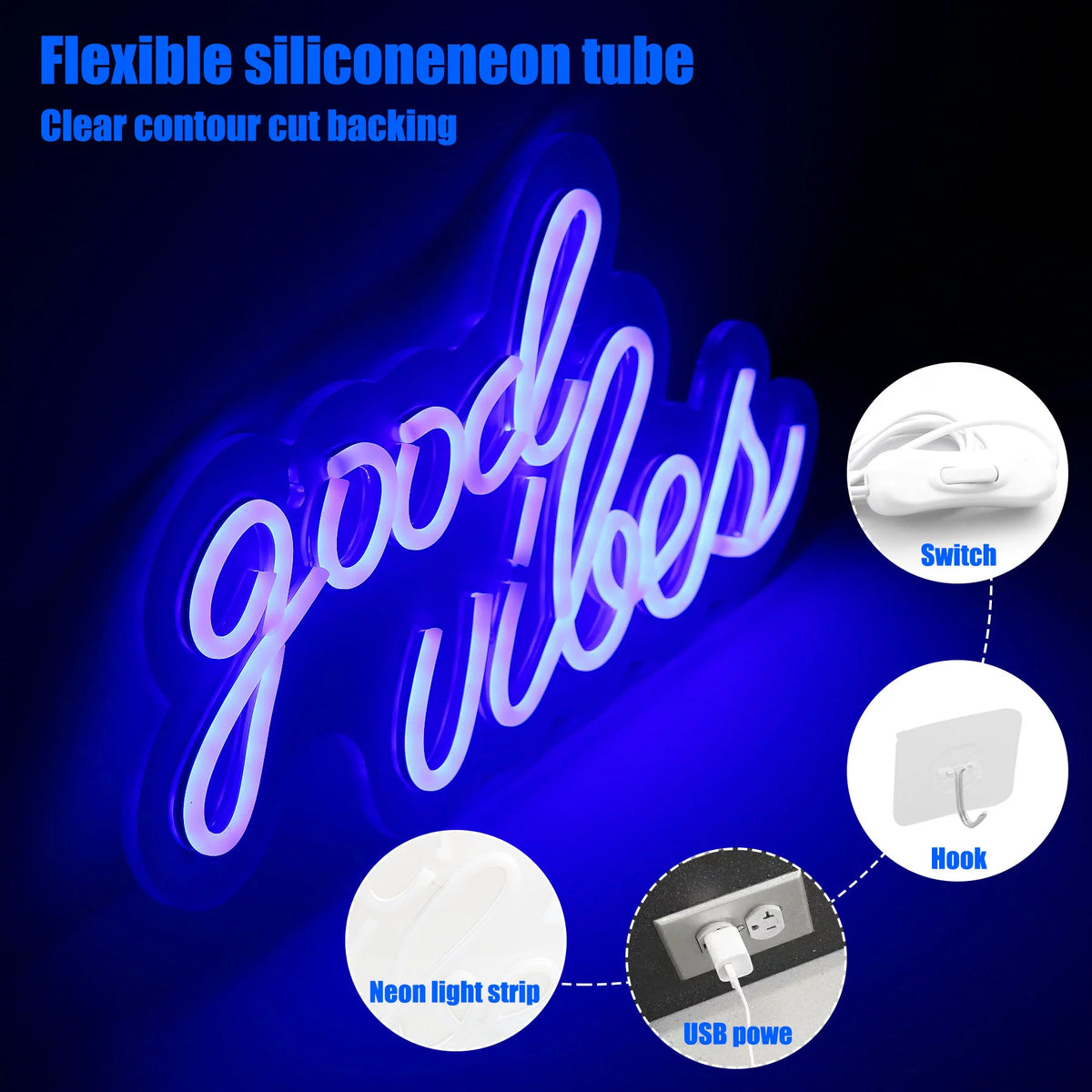 Good Vibes Neon Sign, LED Neon Light Signs for Wall Decor Powered by USB 16.1"x8.3" H30144