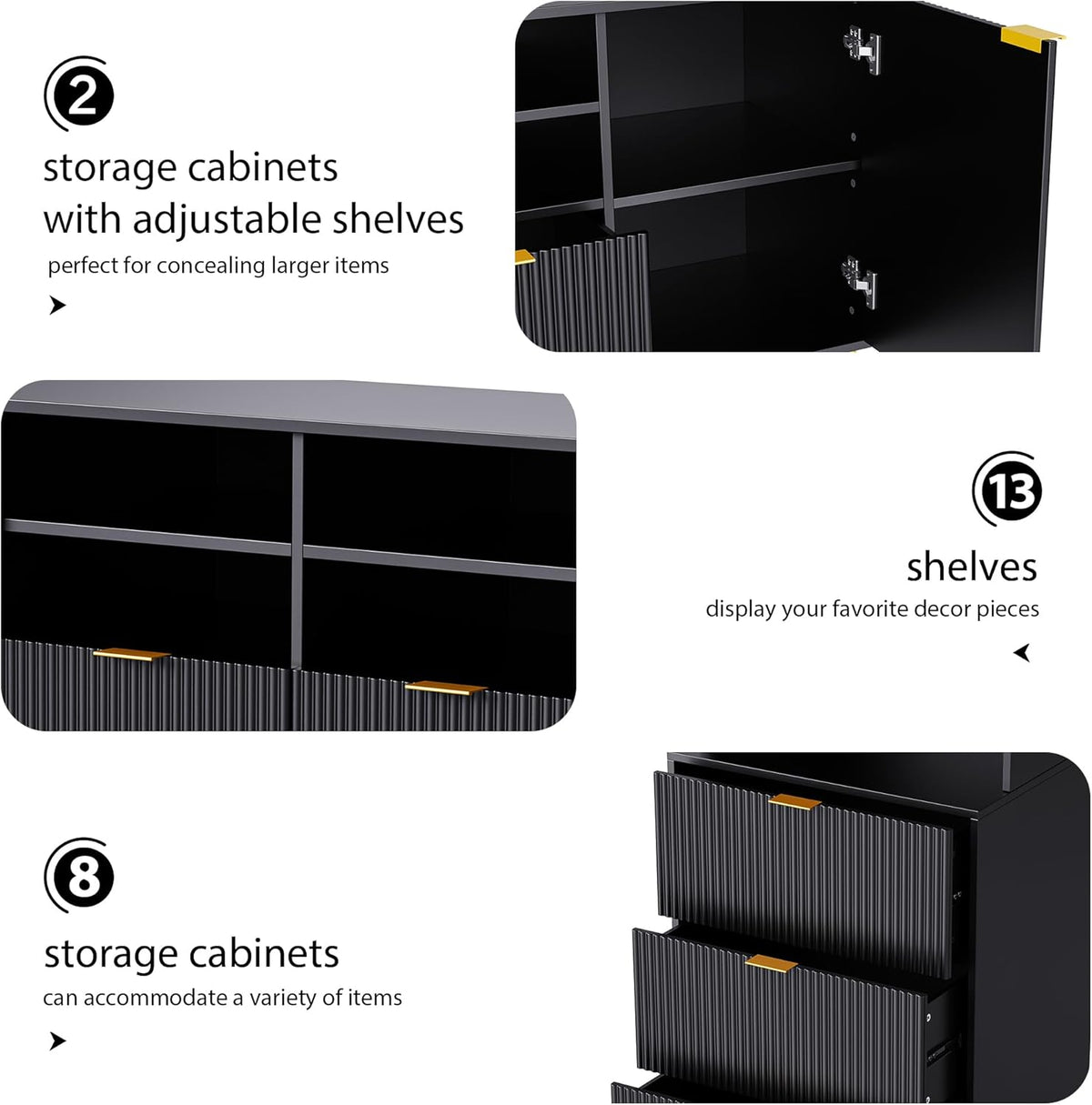 Black 4-Piece TV Stand with 13 Shelves, 8 Drawers and 2 Cabinets P86484