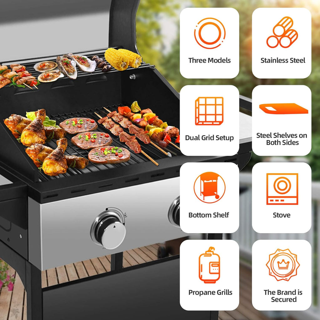 Portable 2 Burners Propane Gas Grill with Storage Shelf P213615