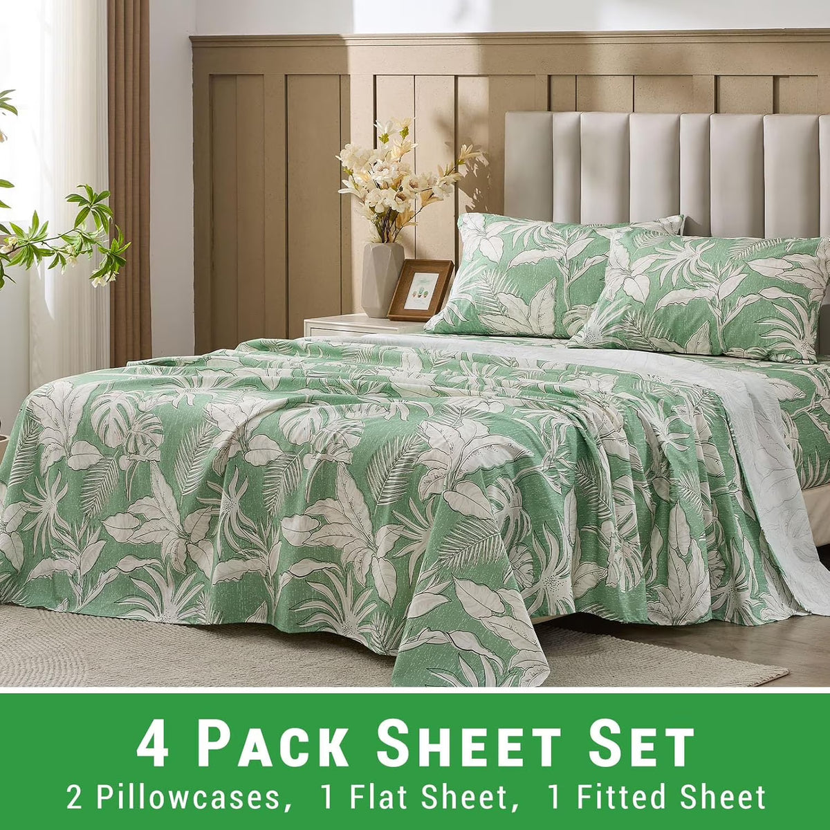 Green Floral Cotton Sheet Set Queen Size 4PC V123401