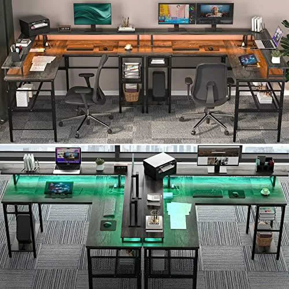L Shaped Computer Desk with Power Outlet and LED Strip Black F267