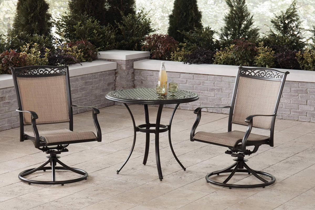 Beige 3-Piece Bistro Set with 2 Sling Swivel Rockers and Cast-Top Table A382