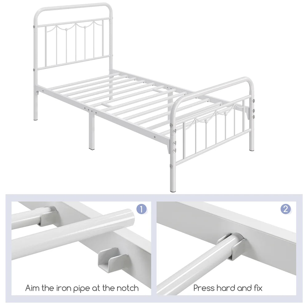 Metal Platform Bed with Vintage Headboard and Footboard, Twin XL, White D860077