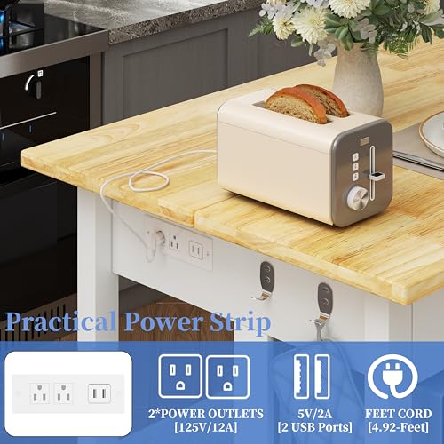 Solid Rubberwood Kitchen Island with Power Outlets, 2 Drawers & Open Shelves (Grey) F56362