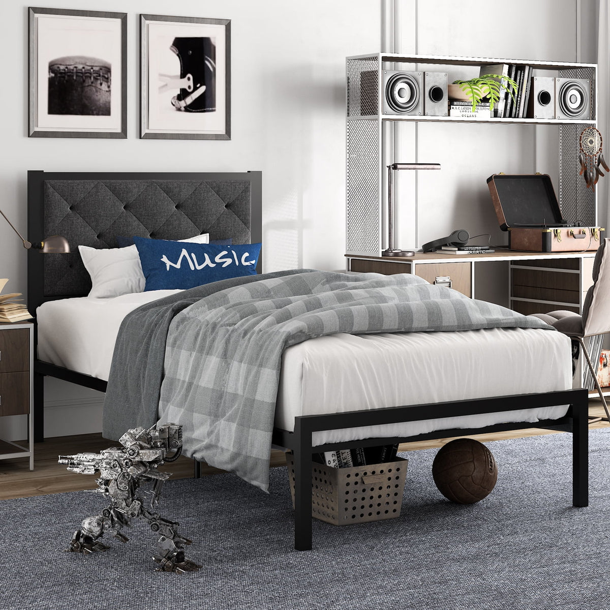 Twin Size Metal Bed Frame with Upholstered Headboard D130