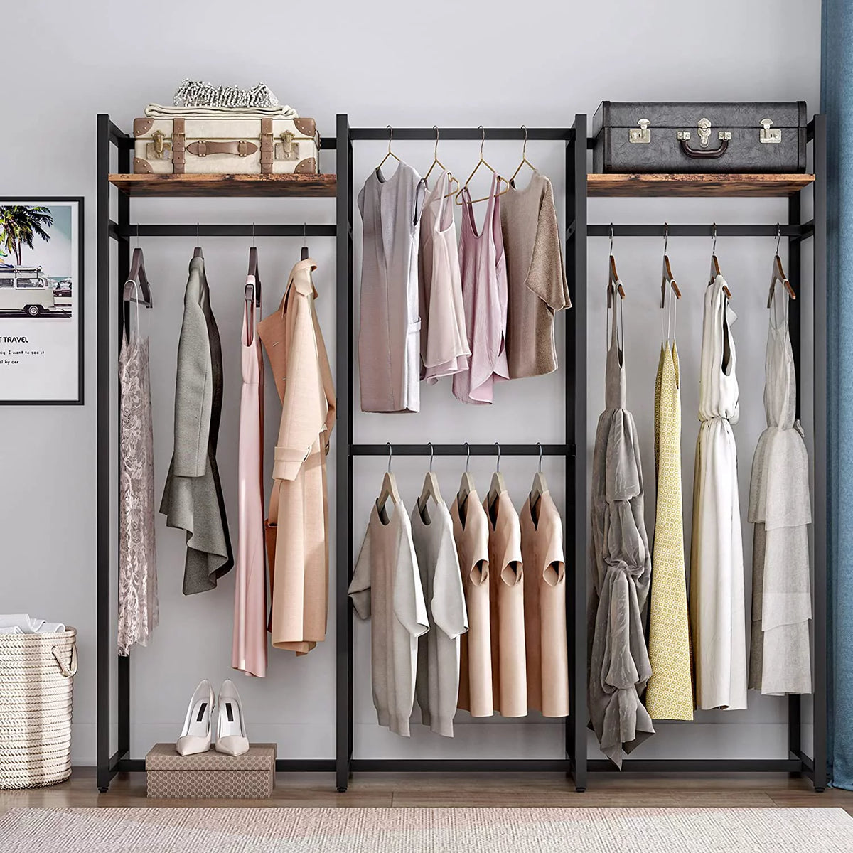 Black Heavy Duty Metal Closet Organizer with Shelves and Hanging Rod P255