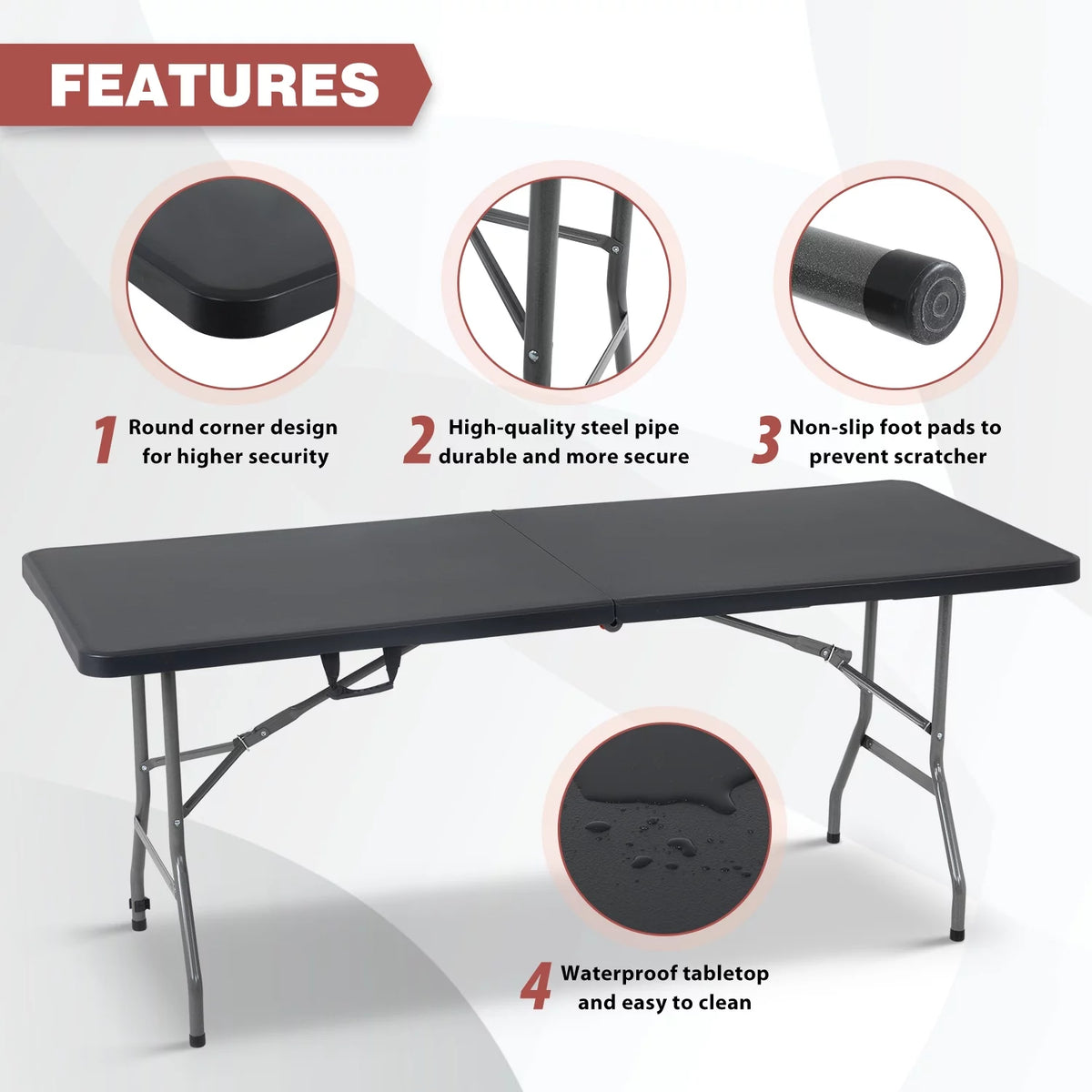6ft Black Plastic Folding Table with Carrying Handle K4002
