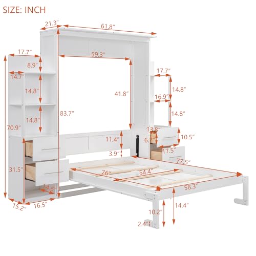 White Full Size Wood Murphy Bed with Shelves and LED Lights U1324
