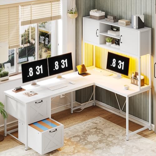Black L Shaped Computer Desk with Fabric Drawers and Power Outlet S7207