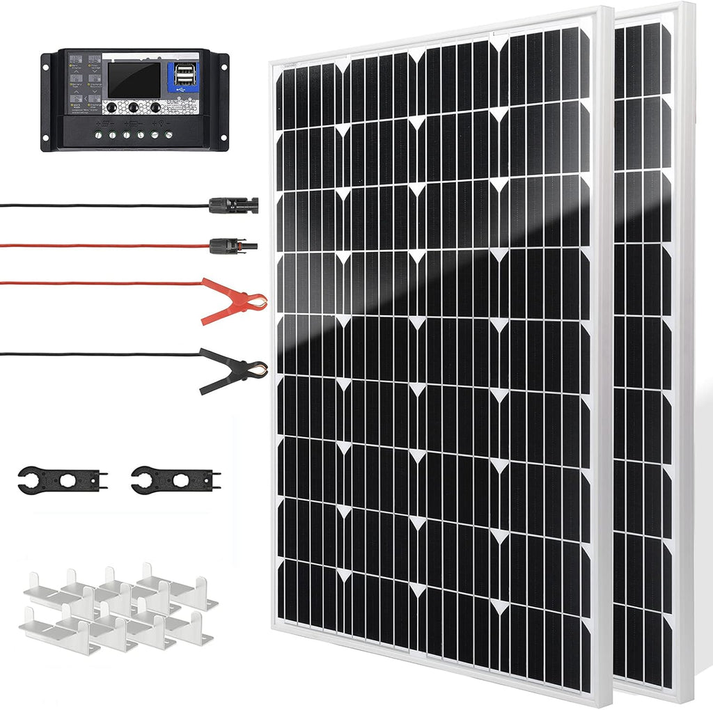 2 Pcs 100 Watt 12 Volt Monocrystalline Solar Panels Kit with 30A 12V/24V PWM Charge Controller H23756