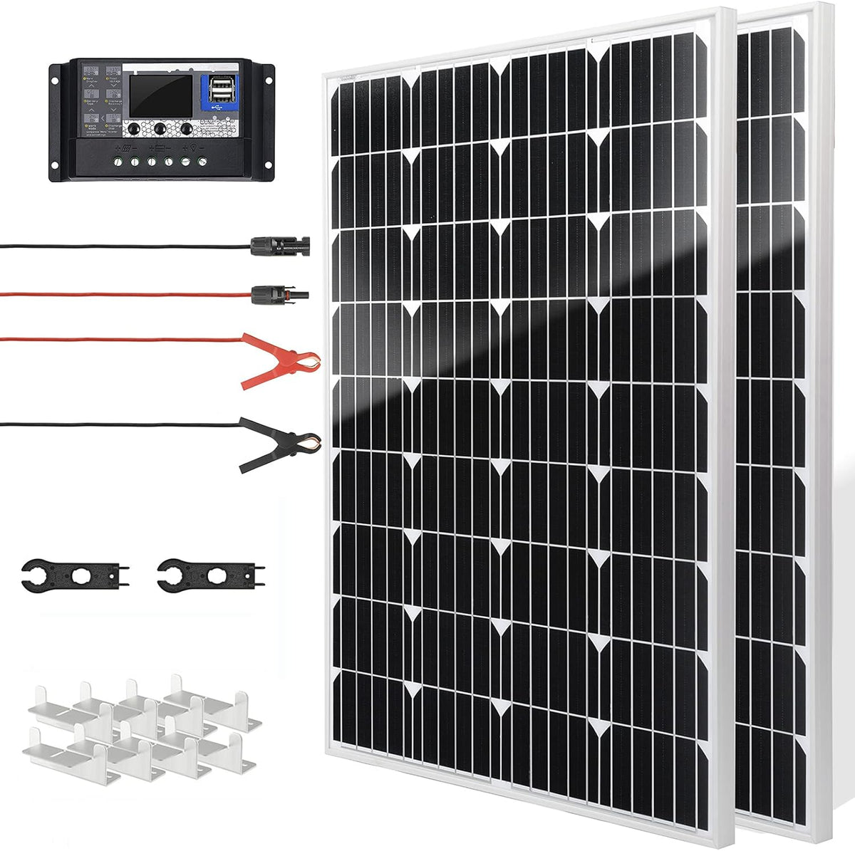 2 Pcs 100 Watt 12 Volt Monocrystalline Solar Panels Kit with 30A 12V/24V PWM Charge Controller H23756
