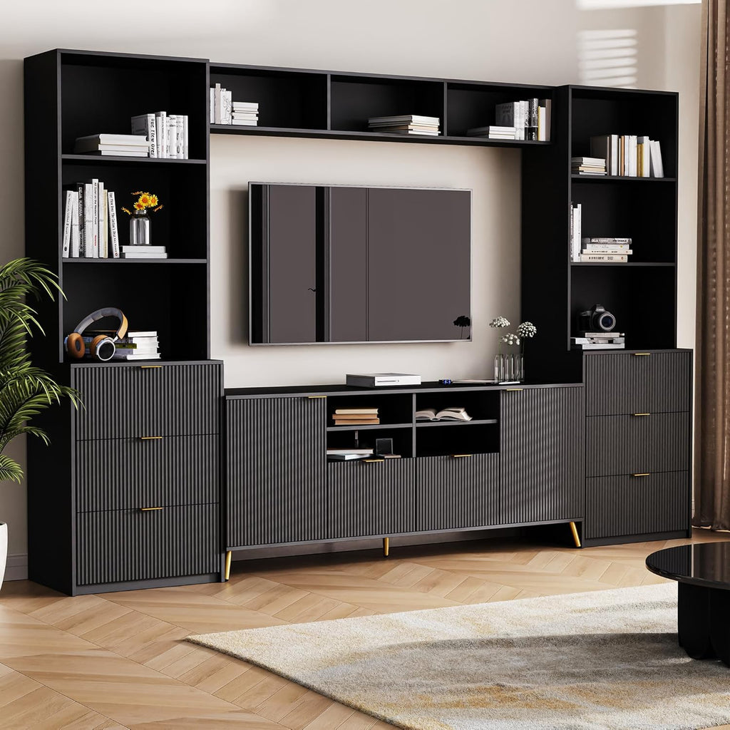 Black 4-Piece TV Stand with 13 Shelves, 8 Drawers and 2 Cabinets P86484