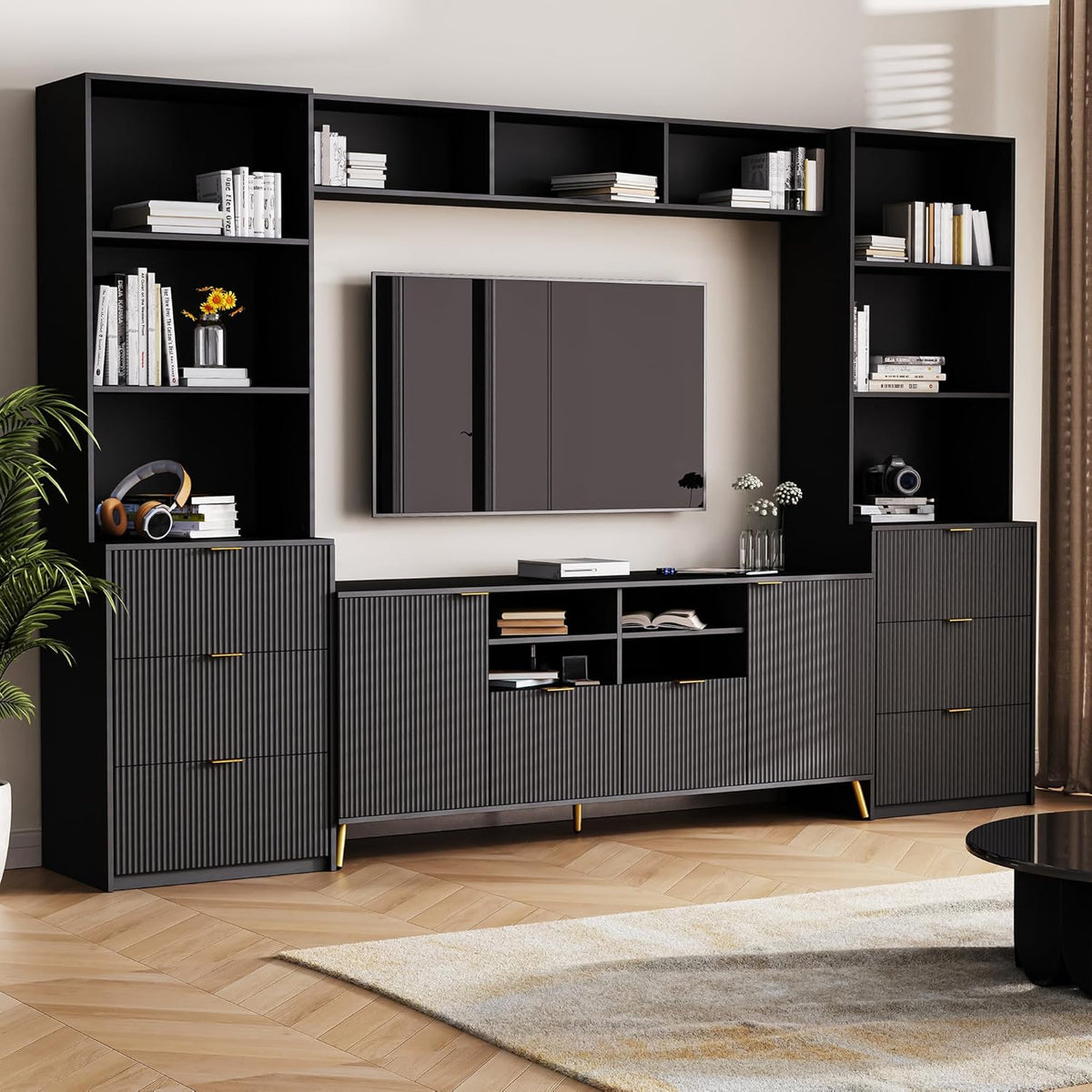 Black 4-Piece TV Stand with 13 Shelves, 8 Drawers and 2 Cabinets P86484