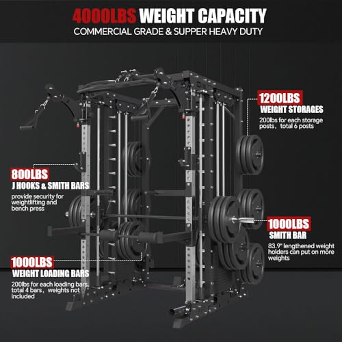 Commercial Smithe Machine with 308lb Dual Weight Stacks, Power Cage Squat Rack with Lever Arm & Leg Press, Cable Crossover Machine Q2811