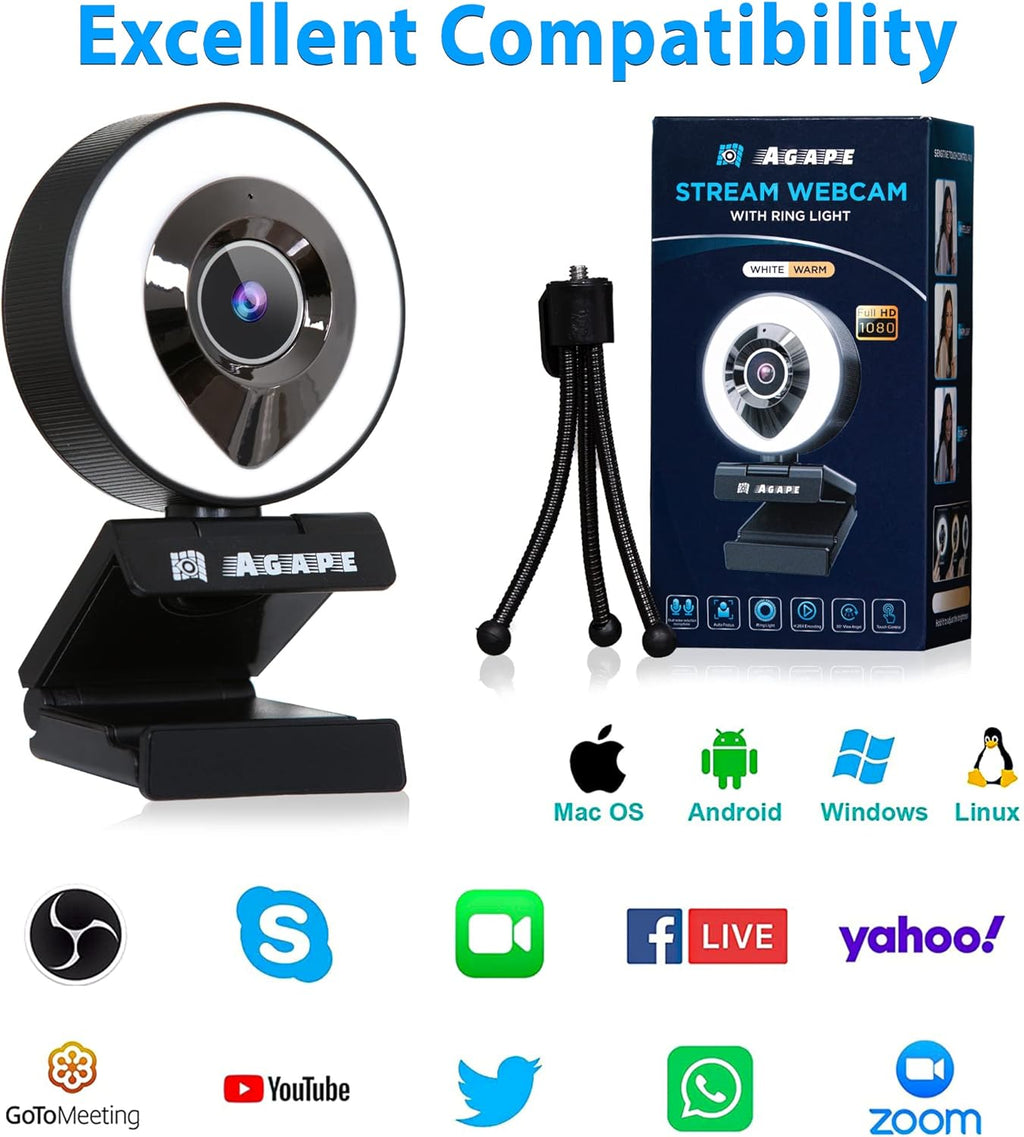 1080P HD Webcam with Microphone and Ring Light F123732