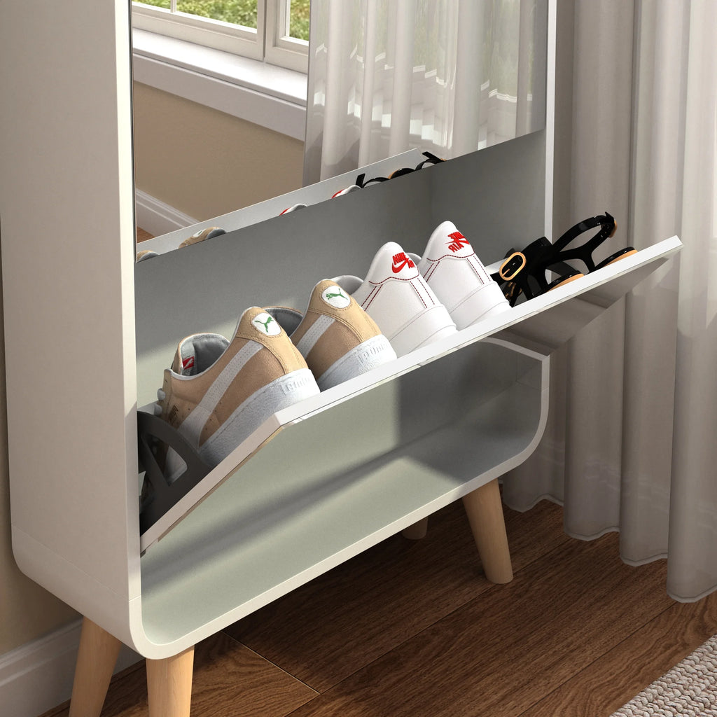 White 4 Flip Drawers Wood Shoe Cabinet with Mirror E7131