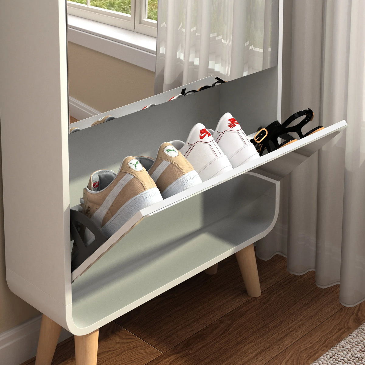White 4 Flip Drawers Wood Shoe Cabinet with Mirror E7131