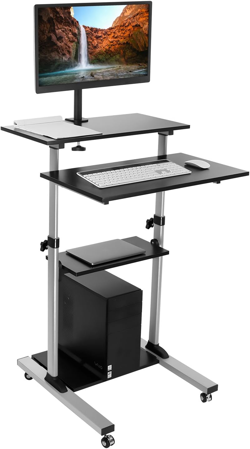 Black Mobile Stand Up Desk with Monitor Arm D96577