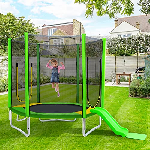 7FT Kids Trampoline with Safety Enclosure Net, Slide and Ladder C146311