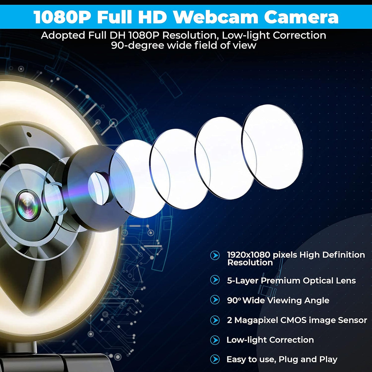 1080P HD Webcam with Microphone and Ring Light F123732