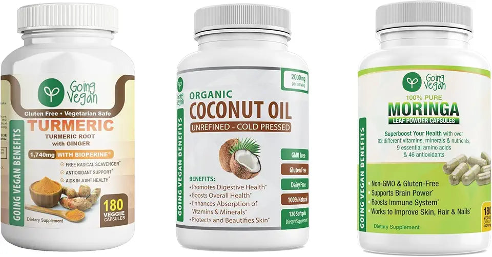 Turmeric Curcumin and Ginger Capsules, Moringa Capsules and Organic Coconut Oil Capsules J381