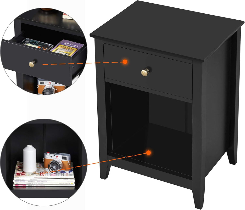 Black Wood Side End Table with Drawer and Open Storage Cabinet, Set of 2 L230487