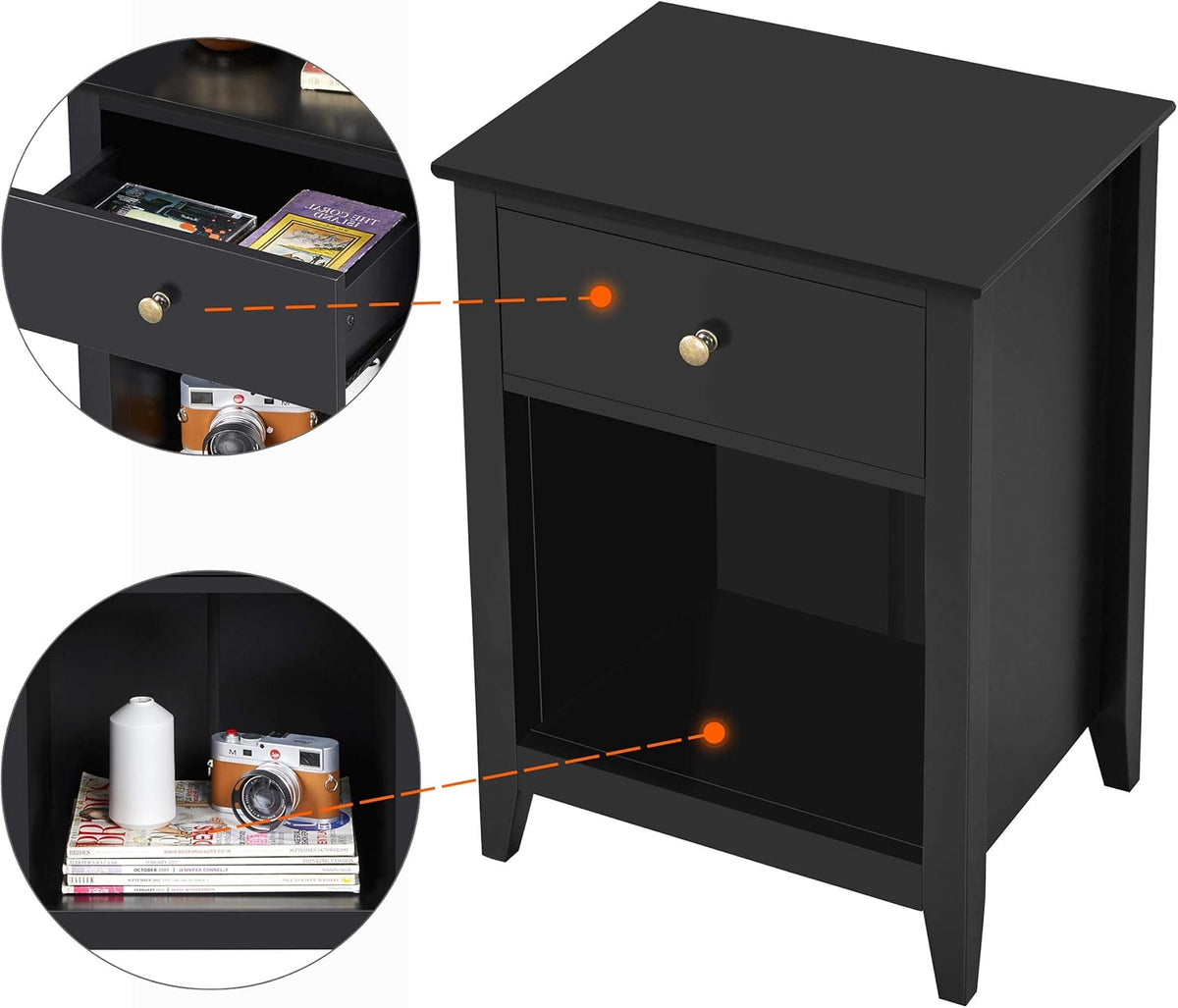 Black Wood Side End Table with Drawer and Open Storage Cabinet, Set of 2 L230487