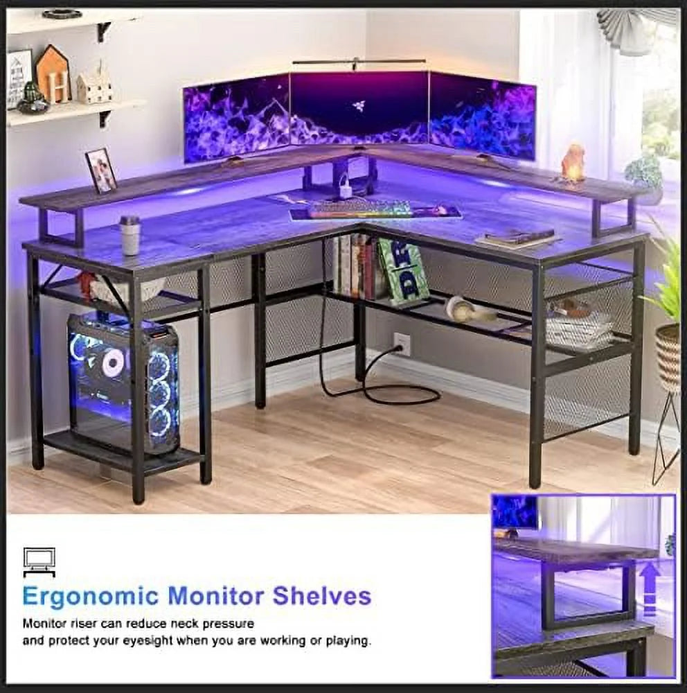 L Shaped Computer Desk with Power Outlet and LED Strip Black F267