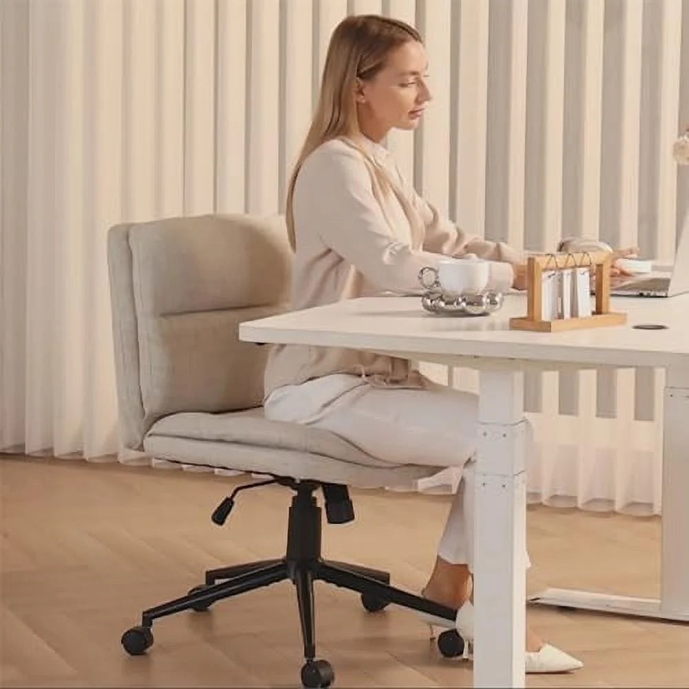 White Armless Wide Office Desk Chair with Wheels N21737